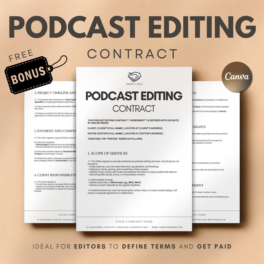 Podcast Editing Contract Template | Editable Canva Agreement for ...