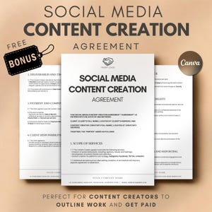 Peut inclure: Un modèle de contrat de création de contenu pour les médias sociaux avec un bonus gratuit. Le modèle est conçu pour aider les créateurs de contenu à définir leur travail et à se faire payer. Le modèle comprend des sections pour les livrables, le paiement, les responsabilités du client et la portée des services. Le modèle est parfait pour les créateurs de contenu qui souhaitent créer un contrat professionnel et juridiquement contraignant avec leurs clients.