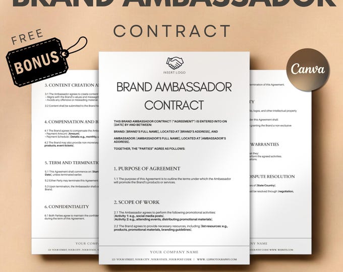 Brand Ambassador Contract Template | Editable Canva Agreement for ...