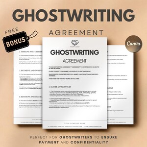 Könnte beinhalten: Ein Vertrag mit der Bezeichnung "Ghostwriting Agreement" mit dem Text "Free Bonus" und "Canva" in der Ecke. Das Dokument enthält Abschnitte zu Zeitplan, Zahlung, Überarbeitungen und Leistungsumfang. Die Vereinbarung ist für Ghostwriter konzipiert.