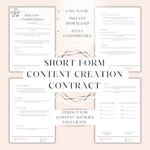 May include: A black and white contract template for content creation services. The document includes sections for ownership and usage rights, confidentiality, terms and termination, governing law, and signatures. The text "Short Form Content Creation Contract" is displayed in a large font at the top of the document.