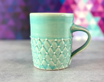 Aquamarine pottery mug // aqua porcelain mug, turquoise mug, 12 ounce mug with hand stamped pattern, Emily Murphy Pottery