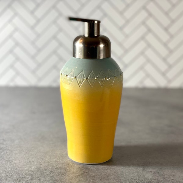 Foaming soap dispenser blue and yellow // Ceramic soap dispenser pump brushed nickel finish, foaming pottery dispenser extra pump included