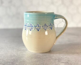 Blue ombre pottery mug // Icy blue porcelain mug, blue and white mug, 12 ounce mug, mug with hand stamped pattern, emily murphy pottery mug