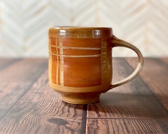 Soda fired mug // stoneware pottery mug 16 oz with window pattern orange flashing slip, handmade ceramic mug, Emily Murphy Pottery gift idea