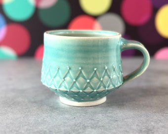 Aquamarine pottery mug // aqua porcelain mug, turquoise mug, 12 ounce mug with hand stamped pattern, Emily Murphy Pottery