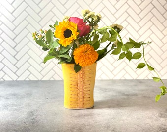 Bright yellow flower vase // patterned porcelain vase, oval flower vase with red pattern, mango glazed ceramic vase, unique wedding gift