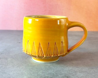 Bright yellow pottery mug // Curvy mango glazed mug with red pattern 12 ounce mug coffee lover's gift yellow mug cheerful tea drinker gift