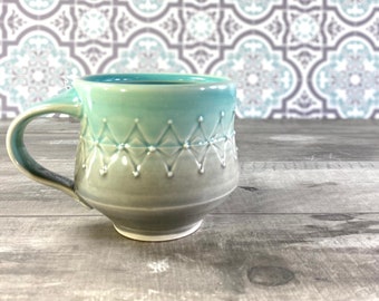 Aqua and grey pottery mug // Aquamarine and grey porcelain mug with hand stamped pattern, 9 ounce mug, handcrafted pottery mug, small mug