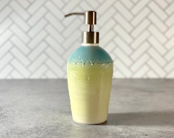 Porcelain soap dispenser blue and light green // green blue ceramic liquid soap dispenser with brushed nickel soap pump, extra pump included