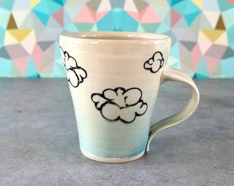 Cloud pottery mug // blue and white porcelain mug with puffy white clouds and blue skies, latte mug, 14 ounce mug, Emily Murphy Pottery mug