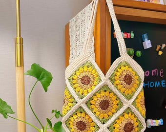Patrón de bolso de girasol a crochet: Bolso de hombro cuadrado de abuela (Descargar PDF)