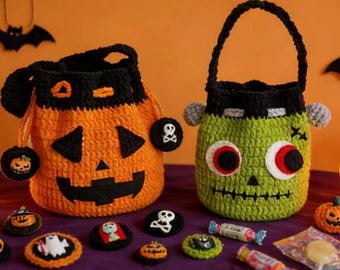 May include: Two crocheted Halloween treat bags: an orange pumpkin and a green Frankenstein's monster. The pumpkin bag has a black face and handle. The Frankenstein bag has large eyes and a black handle. Several crocheted Halloween-themed candies and treats are also visible.
