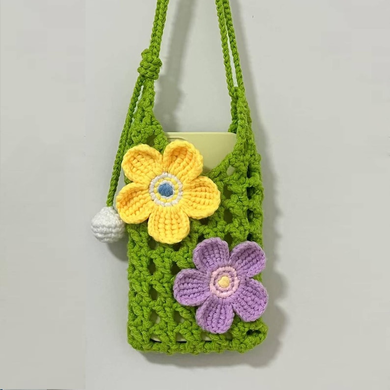 Colorful Flower Phone Bag crochet pattern listing photo by MAKABAKAGifts