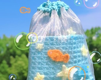 Summer Sea Crochet Drawstring Bag Pattern, Handmade Underwater Purse, Small Pouch Tutorial (PDF)
