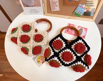 バラのクロシェバッグパターン | おばあちゃん風スクエアフローラルハンドバッグのクロシェチュートリアル、フラワーパースクロシェパターン - PDF即時ダウンロード