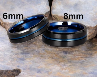 Black Tungsten Carbide Ring: Matte Finish Blue Groove Wedding Band