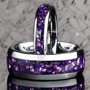 Silver Tungsten Amethyst Ring Set: Matching Couple Wedding Bands