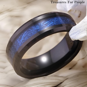 Anillo de meteorito azul, alianza de boda de tungsteno negro, anillo de promesa unisex