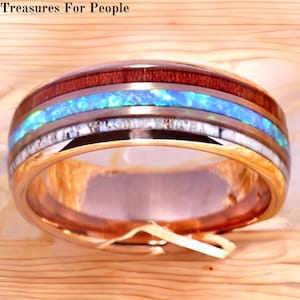Rose Gold Opal Ring Mens Wedding Band, 8mm Blue Fire Opal Antler & Wood Inlay Tungsten Mens Ring, Green Opal Ring, Unique Wood Ring For Him
