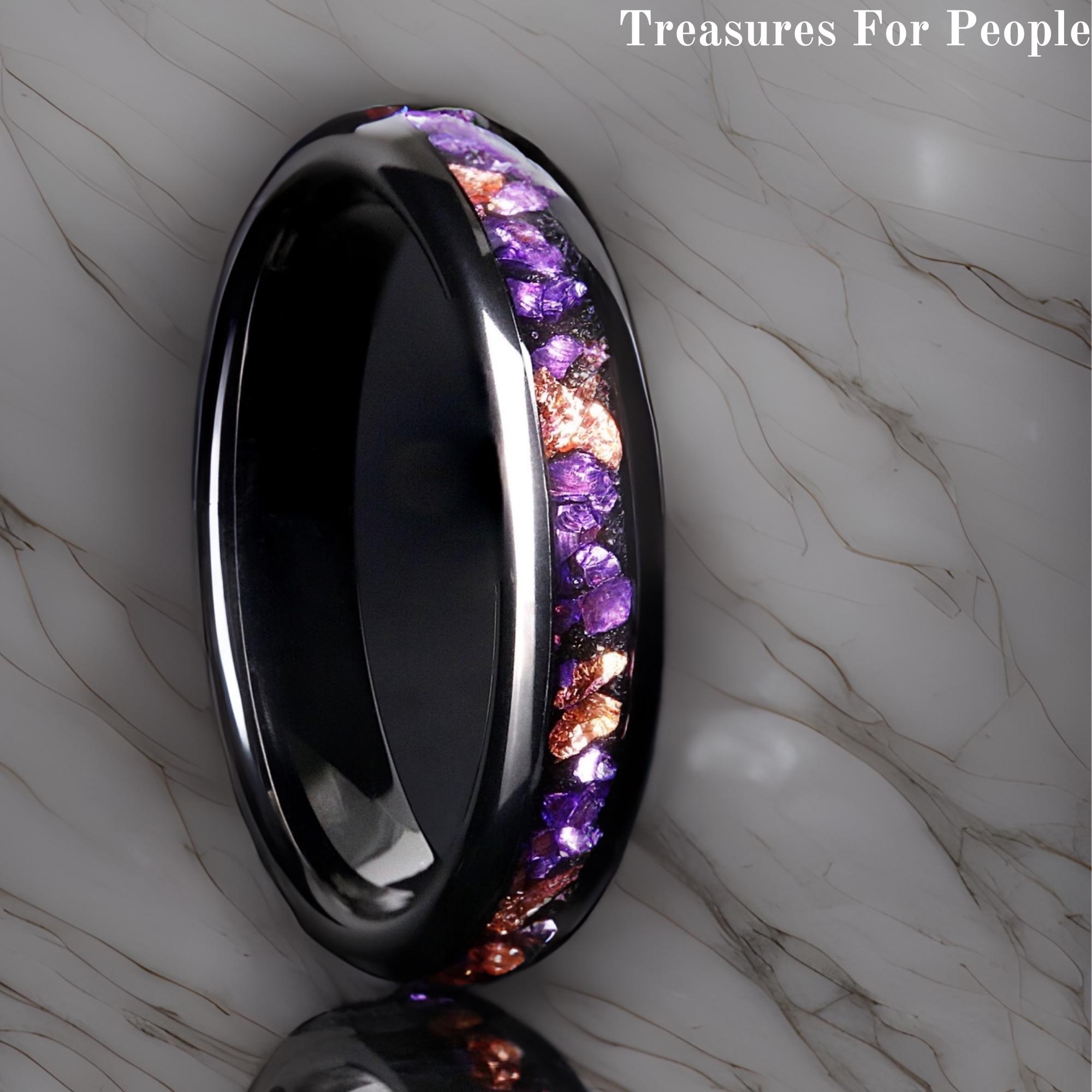 Amethyst Rose Gold Leaf Inlay Black Tungsten Wedding Ring Set - Etsy