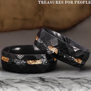 Meteorite Damascus Steel Ring, Golden Leaf Men&#39;s Wedding Band, Black Men&#39;s Ring, 8mm Ring, Anniversary Rings |Engagement Gift, Promise Rings