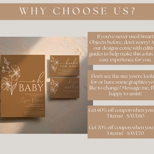 May include: A set of baby shower stationery in a warm brown tone. The invitation features the words "oh BABY" with floral accents, along with details. Coordinating cards read "books FOR BABY" and "diaper RAFFLE". The image also includes text about editing guides and discount coupons.