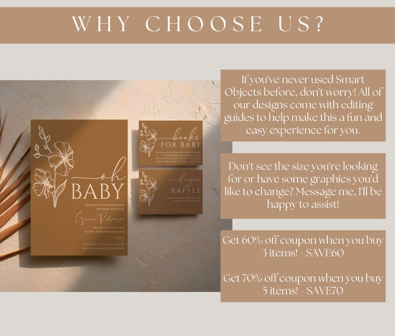 May include: A set of baby shower stationery in a warm brown tone. The invitation features the words "oh BABY" with floral accents, along with details. Coordinating cards read "books FOR BABY" and "diaper RAFFLE". The image also includes text about editing guides and discount coupons.