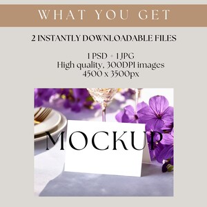 May include: A white card with the word "MOCKUP" in large black letters is displayed on a table. The card is in front of a blurred background of purple flowers, a plate, and a champagne glass. Text at the top reads "WHAT YOU GET".
