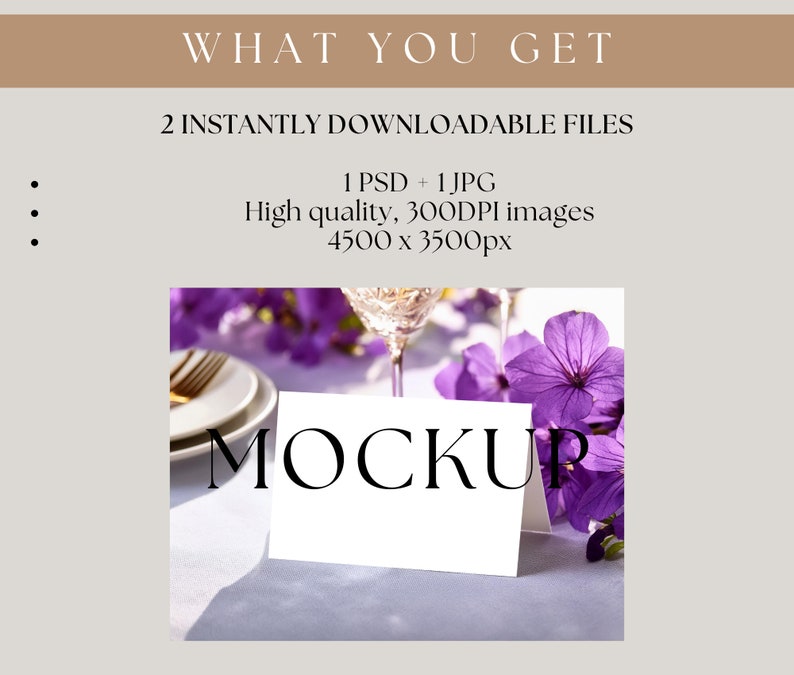 May include: A white card with the word "MOCKUP" in large black letters is displayed on a table. The card is in front of a blurred background of purple flowers, a plate, and a champagne glass. Text at the top reads "WHAT YOU GET".