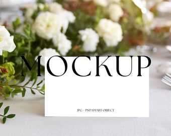 Table Place Card Mockup: Folded 3.5x2, Floral Setting (PSD & JPG)