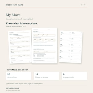 Puede incluir: Un conjunto digital de inventario y etiquetas de mudanza titulado My Move. El documento incluye páginas PDF A4 rellenables para rastrear el contenido de las cajas, etiquetas numeradas de C01 a C10 e instrucciones para 50 cajas en 9 idiomas.
