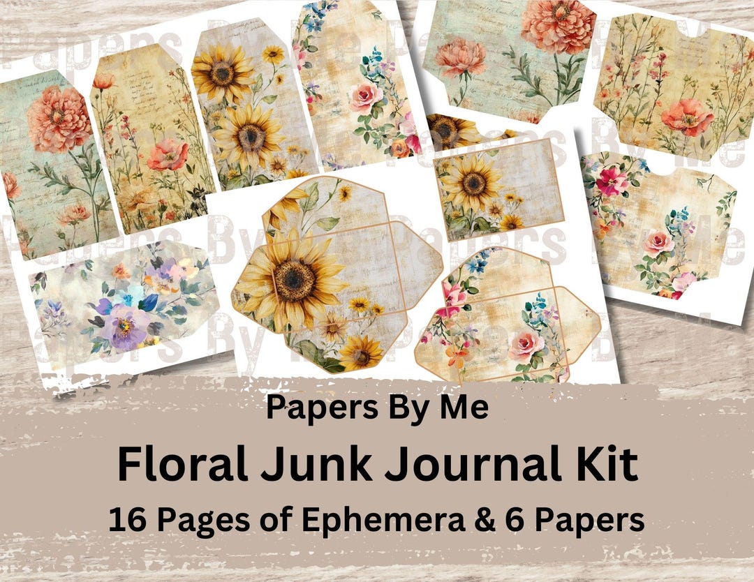 Floral Junk Journal Kit Ephemera Fussy Cuts Digital Printable Scrapbook ...