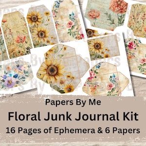 Floral Junk Journal Kit Ephemera Fussy Cuts Digital Printable Scrapbook, papers, envelopes, pockets, tags, tabs, cards, tickets, bookmarks