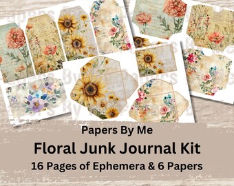 Floral Junk Journal Kit Ephemera Fussy Cuts Digital Printable Scrapbook, papers, envelopes, pockets, tags, tabs, cards, tickets, bookmarks