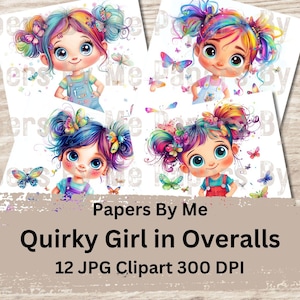 Schrullig Mädchen Clipart in Overalls JPG Mode Wunderlich Ephemera Bunt Verrücktes Haar Fussy Schnitt Kommerzielle Nutzung Lizenz Aufkleber