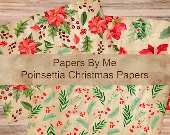 Poinsettia Christmas Paper Tea Dyed Printable Digital Junk Journal Scrapbook Collage Decorative Background Colorful Paper Crafts Vintage