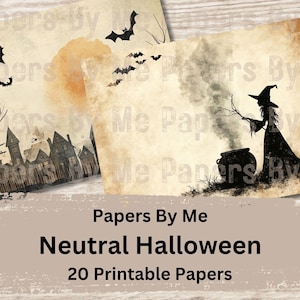 Może przedstawiać: Dwa drukowane papiery o tematyce Halloween z motywami vintage. Jeden przedstawia sylwetkę czarownicy mieszającej w kotle, a drugi pokazuje upiorne miasto z nietoperzami i pełnią księżyca. Tekst brzmi "Neutral Halloween" i "20 Printable Papers."
