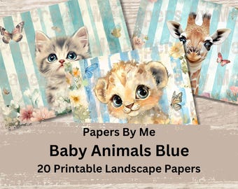 Kit de diario basura con animales bebés, papeles de collage con decoupage azul, fondo para imprimir, páginas de relleno para álbumes de recortes digitales, estilo vintage para guardería de niños