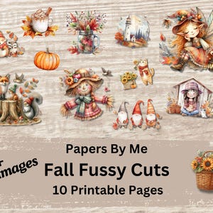 May include: A selection of autumn-themed digital illustrations featuring a pumpkin, a fairy, a scarecrow, and woodland animals. The image text says "Papers By Me Fall Fussy Cuts 10 Printable Pages" and "65+ Images".