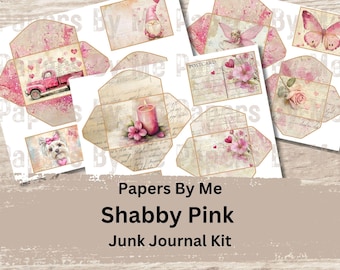 Shabby Pink Coquette Junk Journal Kit Afdrukbare kortstondige papieren, tags, enveloppen en polaroids