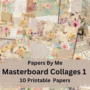 May include: A set of 10 printable digital papers featuring vintage floral designs, text, and music notes. The papers are perfect for scrapbooking, card making, and other paper crafts. Papers By Me Masterboard Collages 1.