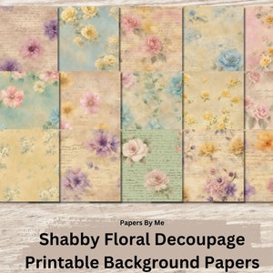 Papeles para decoupage con motivos florales desgastados, fondo de acuarela, collage de álbumes de recortes digitales imprimibles, efímeras teñidas con té, cortes quisquillosos