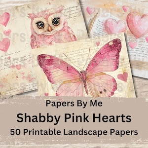 Shabby Pink Hearts Junk Journal Decoupage Collage Papers Mega Pack Background Printable Digital Scrapbook 50 Pages Valentine Tea Coffee Dye
