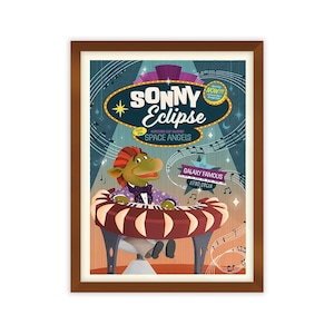 May include: A framed poster featuring a cartoon character playing a keyboard. The poster has the text "SONNY Eclipse and the SPACE ANGELS" and "the GALAXY FAMOUS ASTRO ORGAN". The color scheme includes blues, purples, and browns.
