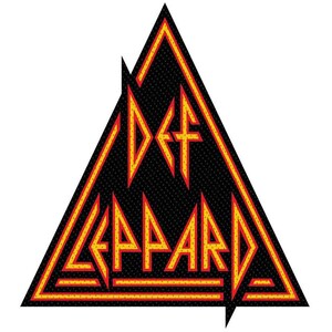 May include: A triangular patch featuring the text DEF LEPPARD in yellow letters with red outlines. The background is black with a subtle dot pattern. The design is enclosed within a red and yellow triangular border, creating a sharp, geometric look.
