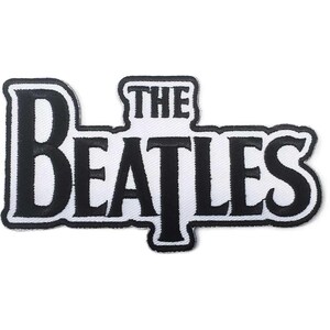 May include: A black and white embroidered patch featuring the text THE BEATLES in a bold, stylised font. The design consists of black lettering with a thick black border against a white background, creating a high-contrast graphic emblem.