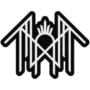 May include: A black and white graphic patch featuring a stylised, symmetrical geometric design. The pattern consists of sharp, angular lines forming a central archway topped with a sunburst motif, all enclosed within a thick black border.