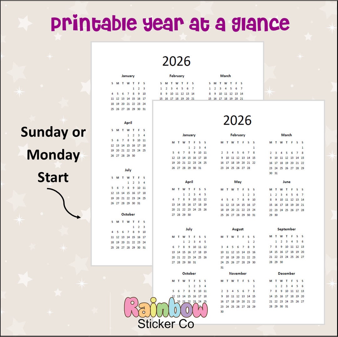 2026 Year at a Glance Printable PDF, 2026 Yearly Calendar, Wall ...