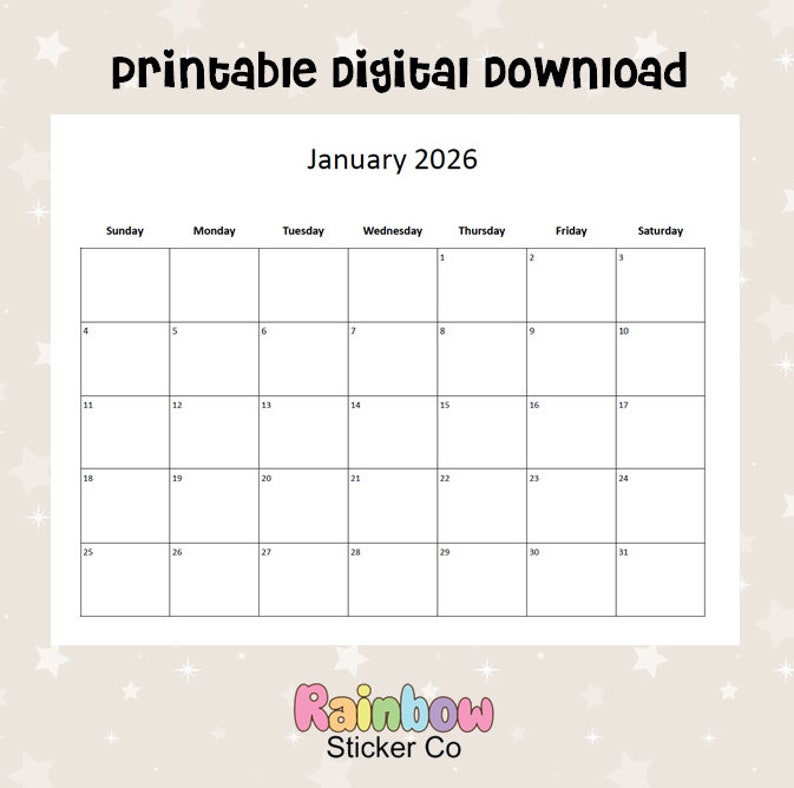 Printable January 2026 Monthly Calendars, Minimalist Design, Editable ...